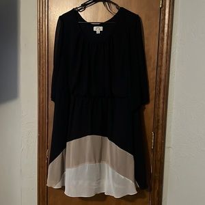 Navy, Tan, and White dress with 3 quarter length sleeves